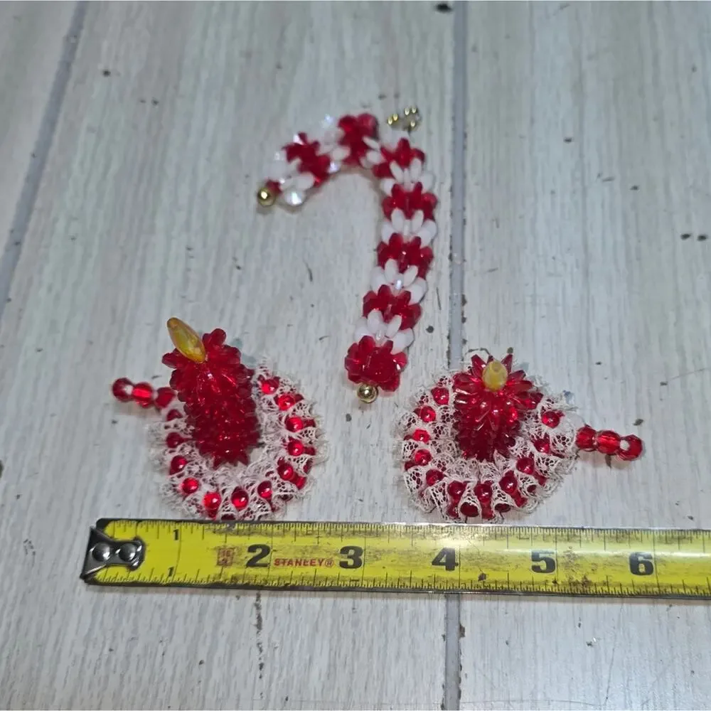 Vtg Handmade Plastic Beaded Candle Sticks & Candy Cane Christmas 3” Set of 3